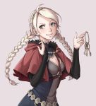  1girl ahoge braid breasts bridal_gauntlets capelet cleavage eponine_(fire_emblem_if) fire_emblem fire_emblem_if green_eyes grin hairband key keychain long_hair ninahakazuko nintendo simple_background smile solo twin_braids upper_body white_hair 