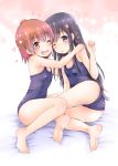  2girls ;d arino_hiroshi ass bare_arms bare_legs bare_shoulders barefoot bed_sheet black_hair blue_sweater blush brown_hair fang feet fingernails flying_sweatdrops heart highres hoshino_hinata hug long_hair multiple_girls one-piece_swimsuit one_eye_closed open_mouth parted_lips school_swimsuit shirosaki_hana smile soles sweater swimsuit toenails very_long_hair violet_eyes watashi_ni_tenshi_ga_maiorita! 