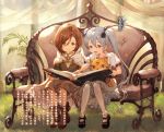  2girls :d black_bow black_footwear book boots bow brown_footwear brown_hair brown_pants cape character_name day dress frilled_dress frills full_body glasses granblue_fantasy green_eyes hair_between_eyes hair_bow highres long_hair mary_janes minaba_hideo multiple_girls novel_illustration official_art open_book open_mouth outdoors pants red_bow red_eyes rimless_eyewear shiny shiny_hair shirt shoe_bow shoes short_dress short_hair silver_hair sitting smile sundress twintails very_long_hair white_cape white_dress 