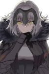  1girl armor armored_dress bangs black_gloves breasts eyebrows_visible_through_hair fate/grand_order fate_(series) fur_trim gloves grin headpiece highres jeanne_d&#039;arc_(alter)_(fate) jeanne_d&#039;arc_(fate)_(all) large_breasts looking_at_viewer morin24115 parted_lips short_hair silver_hair smile work_in_progress yellow_eyes 