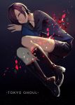  1girl ayan bare_legs black_footwear black_shorts blue_sweater boots closed_mouth copyright_name dark_background dots full_body hair_over_one_eye highres kirishima_touka looking_at_viewer lying on_side purple_hair shirt short_hair short_shorts shorts solo sweater tokyo_ghoul violet_eyes white_shirt 