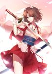  1girl animal_ears breasts brown_eyes brown_hair closed_mouth collarbone highres holding holding_sword holding_weapon japanese_clothes kara_no_kyoukai kimono kimono_skirt legs looking_at_viewer okakasushi patterned patterned_clothing rabbit_ears red_skirt ryougi_shiki short_hair short_sleeves skirt small_breasts solo standing sword thighs weapon 