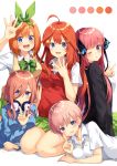  5girls ;d ahoge bangs black_jacket blue_eyes blue_nails blunt_bangs bow bowtie color_guide commentary_request eyebrows_visible_through_hair go-toubun_no_hanayome green_neckwear green_skirt hair_between_eyes hair_ornament hairclip hand_gesture headphones headphones_around_neck index_finger_raised jacket long_hair long_sleeves lying multiple_girls nail_polish nakano_ichika nakano_itsuki nakano_miku nakano_nino nakano_yotsuba nonono one_eye_closed open_mouth orange_hair pink_hair red_vest redhead seiza shirt short_hair short_sleeves simple_background sitting skirt smile star star_hair_ornament twintails v vest w white_background white_shirt yellow_vest 