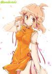  1girl ahoge bracelet breasts china_dress chinese_clothes covered_navel dress hair_ornament jewelry light_brown_hair medium_breasts mutsuki_riichi panties panty_peek senki_zesshou_symphogear sleeveless sleeveless_dress smile tachibana_hibiki_(symphogear) underwear 