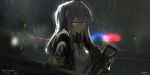  1girl aiming armband artist_name bangs black_hair black_jacket character_name closed_mouth collared_shirt copyright_name dated expressionless girls_frontline gun highres holding holding_gun holding_weapon jacket laser_beam light lm520lm520 long_hair long_sleeves looking_at_viewer night open_clothes open_jacket outdoors police rain shirt solo_focus ump45_(girls_frontline) upper_body water weapon white_shirt yellow_eyes 