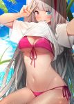  1girl absurdres bangs bikini blue_eyes blush breasts clouds commentary_request eyebrows_visible_through_hair fpanda front-tie_top girls_frontline grey_hair heterochromia highres long_hair looking_at_viewer mdr_(girls_frontline) medium_breasts multicolored_hair navel outdoors palm_leaf pink_bikini pink_eyes pink_hair reaching_out self_shot shirt shirt_in_mouth short_sleeves side-tie_bottom sidelocks sky smile solo sparkle streaked_hair swimsuit under_boob v very_long_hair water white_shirt 