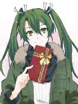  1girl chocolate_bar commentary_request facing_viewer food fur_collar gradient gradient_background green_eyes green_hair happy_valentine holding holding_food kantai_collection long_hair parka pink_background ribbed_sweater rowan_(kanonsecret) scarf smile solo sweater twintails twitter_username upper_body zuikaku_(kantai_collection) 