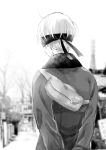  1boy arms_behind_back bag black_blindfold blindfold blurry blurry_background day from_behind grey_shirt long_sleeves mellow_rag nier_(series) nier_automata outdoors shirt solo standing sunlight tree yorha_no._9_type_s 