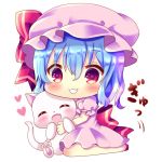  1girl :d ^_^ animal back_bow bangs blue_hair blush bow cat chibi chocolat_(momoiro_piano) closed_eyes closed_eyes commentary_request dress eyebrows_visible_through_hair fang full_body hair_between_eyes hat hat_bow heart long_hair mob_cap open_mouth pink_dress pink_hat puffy_short_sleeves puffy_sleeves red_bow red_eyes red_footwear remilia_scarlet short_sleeves smile solo touhou 