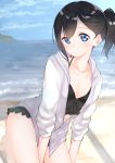  1girl bangs beach bikini black_bikini black_bow black_hair blue_eyes blue_sky blurry blurry_background blush bow bow_bikini breasts closed_mouth clouds collarbone commentary_request day depth_of_field eyebrows_visible_through_hair hair_between_eyes halter_top halterneck highres hood hood_down hooded_jacket horizon jacket looking_at_viewer ocean open_clothes open_jacket original outdoors sand side_ponytail sidelocks sky small_breasts solo suzunari_shizuku swimsuit water white_jacket yuki_arare 
