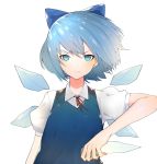  1girl absurdres bangs blue_eyes blue_hair blush bow cirno closed_mouth ddari dress fairy_wings hair_bow highres holding ice ice_wings looking_at_viewer puffy_short_sleeves puffy_sleeves red_ribbon ribbon short_hair short_sleeves simple_background solo touhou upper_body white_background wings 