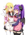 2girls ;q amatsuka_poi apron bangs black_choker black_legwear black_sailor_collar black_skirt black_wings blonde_hair blue_eyes blush bowl chikanoko chocolate choker closed_mouth collarbone commentary_request curled_horns demon_girl demon_horns demon_tail demon_wings eyebrows_visible_through_hair hair_between_eyes hair_ornament head_tilt heart heart_hair_ornament high_ponytail highres holding holding_bowl horns long_sleeves mixing_bowl multiple_girls naito_mare one_eye_closed open_mouth pink_apron pink_sweater pleated_skirt ponytail purple_hair purple_sweater ragho_no_erika red_eyes red_neckwear sailor_collar simple_background skirt sleeves_past_wrists smile spatula sweat sweater tail thigh-highs tongue tongue_out white_apron white_background white_legwear white_wings wings 