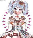  1girl arm_ribbon bang_dream! bangs blue_hair blue_ribbon blush box breasts center_frills cleavage covering_mouth dress earrings flower frilled_dress frilled_sleeves frills gift hair_flower hair_ornament hair_ribbon heart heart-shaped_box heart_hair_ornament highres holding holding_gift jewelry leg_strap light_blue_hair looking_at_viewer matsubara_kanon moka_(gratifyj31) pearl_(gemstone) red_ribbon ribbon see-through_sleeves short_sleeves sitting solo striped striped_ribbon twintails twitter_username valentine violet_eyes white_background wrist_cuffs 