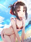  1girl absurdres all_fours bangs beach beach_towel bikini black_bikini black_choker black_hair blue_sky blush bow bow_bikini breasts choker cleavage clouds collarbone commentary_request day eyebrows_visible_through_hair folded_ponytail frills hair_ribbon highres kaguya-sama_wa_kokurasetai_~tensai-tachi_no_renai_zunousen~ korean_commentary lens_flare looking_at_viewer maid maid_headdress navel ocean open_mouth outdoors parted_bangs red_eyes red_ribbon revision ribbon shinomiya_kaguya side-tie_bikini sidelocks sky small_breasts solo sunhyun swimsuit towel water wet white_bow 