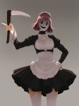  1girl aconitea apron black_dress bow bowtie breasts dress face_mask facing_viewer frilled_apron frills garter_straps grey_background hand_on_hip highres holding holding_weapon long_sleeves maid_headdress mask medium_breasts pleated_dress pointing purple_hair scythe short_hair simple_background solo standing tenkuu_shinpan thigh-highs tsundere waist_apron weapon white_apron white_headdress white_legwear 