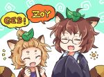  2girls animal_ears brown_hair closed_eyes fang futatsuiwa_mamizou glasses japanese_clothes leaf leaf_on_head light_brown_hair multiple_girls notice_lines open_mouth pote_(ptkan) raccoon_ears raccoon_tail round_eyewear short_hair tail tanuki_extra thick_eyebrows topknot topknot_tanuki touhou upper_body 
