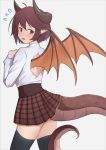  1girl ahoge bangs black_legwear blush brown_eyes brown_hair brown_skirt brown_wings commentary_request curled_horns dragon_girl dragon_horns dragon_tail dragon_wings eyebrows_visible_through_hair fang flying_sweatdrops granblue_fantasy grea_(shingeki_no_bahamut) grey_background hair_between_eyes highres horns long_sleeves looking_at_viewer looking_back manaria_friends open_mouth plaid plaid_skirt pleated_skirt pointy_ears shingeki_no_bahamut shirt simple_background skirt solo tail thigh-highs uneg white_shirt wings 