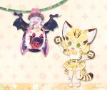  2girls :d animal_ear_fluff animal_ears artist_name bat_ears bat_wings blonde_hair blush_stickers cat_ears cat_tail chibi commentary_request common_vampire_bat_(kemono_friends) extra_ears food green_eyes hanging japari_bun kemono_friends looking_at_another milo multicolored_hair multiple_girls open_mouth pantyhose pink_hair pink_legwear purple_hair sand_cat_(kemono_friends) seiyuu_connection short_hair skirt smile sparkle_background striped_tail tail twitter_username upside-down violet_eyes white_hair wings 