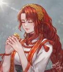  1girl alternate_costume braid closed_eyes dress fire_emblem fire_emblem:_souen_no_kiseki flower gloves hair_flower hair_ornament kaejunni long_hair nintendo redhead simple_background single_braid smile solo tiamat_(fire_emblem) 