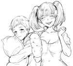  1boy 1girl bangs blush breasts character_request cleavage closed_eyes closed_mouth commentary_request copyright_request dress greyscale grin long_sleeves looking_at_viewer mellow_rag monochrome pillow pillow_hug short_sleeves short_twintails smile twintails 
