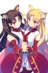  2girls animal_ears black_hair blonde_hair cat_ears cat_tail cis05 cosplay earrings elbow_gloves ereshkigal_(fate/grand_order) fate/grand_order fate/hollow_ataraxia fate_(series) fingerless_gloves gloves hoop_earrings ishtar_(fate/grand_order) jewelry kaleido_ruby kaleido_ruby_(cosplay) long_hair multiple_girls red_eyes siblings sisters tail tohsaka_rin toosaka_rin 