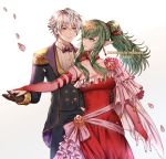  1boy 1girl bare_shoulders blush bracelet breasts cape chiki couple dancing dress elbow_gloves fire_emblem fire_emblem:_kakusei fire_emblem:_mystery_of_the_emblem fire_emblem_heroes formal gloves green_eyes green_hair hair_ornament hair_ribbon hand_holding intelligent_systems jewelry large_breasts long_hair male_my_unit_(fire_emblem:_kakusei) mamkute my_unit_(fire_emblem:_kakusei) nintendo pink_dress pointy_ears ponytail red_dress ribbon robe short_hair simple_background smile suit tiara wani_(fadgrith) white_hair 