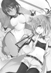  2girls belt breasts breasts_apart coat collarbone covered_nipples dark_skin greyscale grin groin hair_between_eyes highres holding holding_sword holding_weapon legwear_under_shorts leotard long_sleeves looking_at_viewer lying medium_breasts midriff monochrome multiple_girls navel novel_illustration official_art on_back open_clothes open_coat pantyhose rakudai_kishi_no_cavalry short_hair short_shorts shorts small_breasts smile stomach sword weapon won_(az_hybrid) 