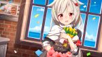  1girl ame. armband artist_self-reference azur_lane black_shirt blue_sky blush bow brick_wall cake cape cleveland_(azur_lane) clouds commentary_request confetti day flower food grey_hair hair_ornament hairclip happy_birthday head_tilt heart horizon indoors long_hair long_sleeves montpelier_(azur_lane) ocean open_mouth photo_(object) picture_frame red_bow red_eyes shirt sky solo tulip upper_body water white_cape yellow_flower yellow_tulip 