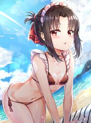  1girl absurdres all_fours bangs beach beach_towel bikini black_bikini black_choker black_hair blue_skirt blush bow_bikini breasts choker cleavage clouds collarbone day eyebrows_visible_through_hair folded_ponytail frills hair_ribbon highres kaguya-sama_wa_kokurasetai_~tensai-tachi_no_renai_zunousen~ lens_flare looking_at_viewer maid maid_headdress navel ocean open_mouth outdoors parted_bangs red_eyes red_ribbon ribbon shinomiya_kaguya side-tie_bikini sidelocks skirt sky small_breasts solo sunhyun swimsuit towel water wet white_bikini 