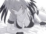  1girl bangs bed black_gloves black_hair bodystocking bra fingerless_gloves gloves grey_hair grey_neckwear grey_shirt grey_shorts greyscale guchico hair_between_eyes head_wings kemono_friends looking_at_viewer lying monochrome multicolored_hair necktie on_stomach partially_undressed shirt shoebill_(kemono_friends) shorts silver_hair solo staring tsurime underwear white_neckwear work_in_progress 