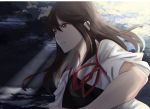  1girl akagi_(kantai_collection) bangs breasts brown_eyes brown_hair clouds cloudy_sky from_side hand_up highres japanese_clothes kantai_collection kimono long_hair muneate nontraditional_miko ocean outdoors sidelocks sky solo sowame_xx sunlight tasuki upper_body white_kimono wind 