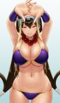  1girl bangs bare_shoulders bead_necklace beads bikini blue_background blush breasts brown_hair cleavage collarbone earrings fate/grand_order fate_(series) gonoike_biwa gradient gradient_background hair_between_eyes highres hips hoop_earrings jewelry large_breasts long_hair looking_at_viewer low-tied_long_hair navel necklace prayer_beads purple_bikini simple_background solo stretch swimsuit thighs very_long_hair violet_eyes xuanzang_(fate/grand_order) 