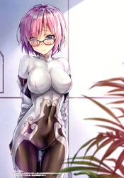  1girl absurdres arms_behind_back bangs blush bodysuit breasts cosplay covered_collarbone covered_navel eyebrows_visible_through_hair fate/grand_order fate_(series) fingerless_gloves fingernails glasses gloves highres indoors kotatsu_(kotatsu358) looking_to_the_side mash_kyrielight medium_breasts off_shoulder pink_hair qin_liangyu_(fate) qin_liangyu_(fate)_(cosplay) scan shiny shiny_hair shiny_skin short_hair skin_tight solo violet_eyes 