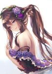  1girl aoi_(kirabosi105) back bangs bare_shoulders blush breasts brown_hair dress flower granblue_fantasy hair_between_eyes hair_flower hair_ornament hairband hand_in_hair hand_up highres jewelry large_breasts long_hair looking_at_viewer off_shoulder purple_flower purple_rose ripples rose rosetta_(granblue_fantasy) shoulder_blades sidelocks smile solo very_long_hair violet_eyes wading 