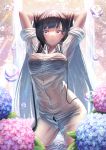  1girl arms_behind_head arms_up backlighting bangs black_bra black_hair black_panties blue_eyes blue_flower bra breasts collared_shirt contrapposto covered_navel cowboy_shot dress_shirt flower hydrangea lace lace-trimmed_bra large_breasts long_hair nekoneko_jun2_123 original panties pink_flower see-through shirt sleeves_folded_up splashing straight_hair underwear very_long_hair wading water water_drop waterfall wet wet_clothes wing_collar 