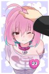  1girl ahoge blush breasts collar collarbone commentary_request fang highres idolmaster idolmaster_cinderella_girls large_breasts one_eye_closed petting pink_eyes pink_hair portrait pov pov_hands shirt short_hair solo solo_focus suzuki_toto yumemi_riamu 