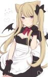  1girl amashiro_natsuki animal_ears apron bangs bat_wings black_bow black_dress black_gloves black_wings blonde_hair blush bow breasts cat_ears cleavage closed_mouth commentary_request dress dutch_angle eyebrows_visible_through_hair gloves hair_between_eyes hair_bow hair_ornament hand_up highres light_brown_hair long_hair mini_wings original puffy_short_sleeves puffy_sleeves short_sleeves simple_background small_breasts solo twintails very_long_hair violet_eyes waist_apron white_apron white_background wings x_hair_ornament 