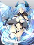  bad_anatomy bikini blue_eyes blue_hair breasts brooch cleavage dragon_girl dragon_horns dragon_tail dragon_wings grey_background holding holding_sword holding_weapon horns jewelry looking_at_viewer medium_breasts medium_hair meliusiana navel sennen_sensou_aigis smile standing swimsuit sword tail thigh-highs thigh_strap thousa_01 twitter_username weapon wings 