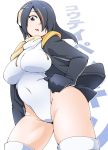  1girl black_hair black_jacket breasts brown_eyes covered_navel drawstring emperor_penguin_(kemono_friends) from_below hair_over_one_eye headphones highleg highleg_leotard highres hood hoodie jacket kagura_roku kemono_friends large_breasts leotard long_hair looking_at_viewer multicolored_hair open_clothes open_hoodie solo streaked_hair thigh-highs white_background white_legwear white_leotard 