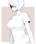  1girl arm_at_side black_blindfold blindfold breasts closed_mouth commentary_request greyscale medium_breasts mellow_rag monochrome nier_(series) nier_automata shirt short_hair short_sleeves solo white_hair white_shirt yorha_no._2_type_b 