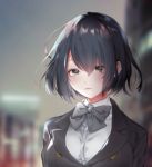  1girl arms_at_sides bangs black_bow black_hair black_jacket black_neckwear blurry blurry_background bow bowtie closed_mouth commentary_request hair_between_eyes jacket looking_at_viewer lowres mellow_rag portrait shiny shiny_hair shirt short_hair solo white_shirt 