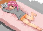  1girl ass barefoot brown_eyes coffee-milk-moumou fang from_behind grey_sweater kneepits leg_up legs long_hair looking_back lying manga_(object) on_stomach open_mouth orange_shorts original pink_hair reading short_shorts shorts smile soles solo sweater toes twintails 