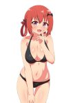  1girl :d bangs bare_arms bare_shoulders bat_hair_ornament bikini black_bikini body_blush breasts cleavage collarbone commentary_request cowboy_shot eyebrows_visible_through_hair fang gabriel_dropout hair_ornament hair_rings hand_up highres index_finger_raised kurumizawa_satanichia_mcdowell large_breasts looking_at_viewer navel nyaroon open_mouth redhead short_hair simple_background skindentation smile solo stomach swimsuit thigh_gap violet_eyes white_background 