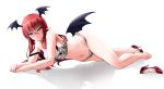  bat_wings bespectacled blush bra breasts collarbone commentary_request eyebrows_visible_through_hair eyelashes full_body glasses head_wings high_heels highres koakuma lace lace-trimmed_bra lace-trimmed_panties large_breasts long_hair looking_at_viewer low_wings navel panties pointy_ears red-framed_eyewear red_eyes red_footwear redhead semi-rimless_eyewear shadow shoe_removed shoes simple_background single_shoe smile strap_slip touhou underwear underwear_only white_background wings yumi_(careca398) 
