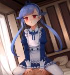  1boy 1girl apron bangs bed_sheet blue_dress blue_hair blue_hairband blue_ribbon blunt_bangs collared_dress commentary_request curtains day dress eyebrows_visible_through_hair frilled_apron frilled_dress frills hair_ribbon hairband hi_jinrui_gakuen_extraordinary_ones indoors juliet_sleeves long_hair long_sleeves low_twintails pillow puffy_sleeves red_eyes ribbon saruton sitting sitting_on_person sleeves_past_wrists solo_focus sunlight thigh-highs twintails very_long_hair white_apron white_legwear 