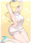  1girl absurdres aran_sweater armpits ass backless_dress backless_outfit bare_back bare_shoulders blonde_hair blue_eyes breasts butt_crack dimples_of_venus downpants dress hair_over_one_eye high_heels highres long_hair super_mario_bros. meme_attire naked_sweater nintendo ribbed_sweater rosetta_(mario) sarukaiwolf sideboob simple_background smile solo super_mario_bros. super_smash_bros. super_smash_bros._ultimate sweater sweater_dress turtleneck turtleneck_sweater virgin_killer_sweater 