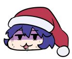  1girl :3 bangs black_eyes blue_hair chibi commentary_request disembodied_head doremy_sweet drooling eyebrows_visible_through_hair hair_between_eyes hat jitome nightcap open_mouth red_hat rihito_(usazukin) short_hair simple_background solo sweat touhou white_background 