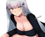  1boy 1girl bangs blue_sweater blunt_bangs blush breasts casual eyebrows_visible_through_hair facial_mark girl_on_top girls_frontline green_eyes hair_ornament highres hk416_(girls_frontline) kojima_(blue_stardust) long_hair long_sleeves looking_at_viewer open_mouth pov ribbed_sweater sidelocks signature silver_hair simple_background sweater teardrop white_background 