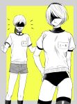  1boy 1girl :d arms_behind_back black_blindfold black_choker blindfold border breasts buruma choker clenched_hand closed_mouth facing_viewer gluteal_fold grey_border grey_shorts greyscale gym_shirt gym_uniform hand_on_hip jewelry medium_breasts mellow_rag mole mole_under_mouth monochrome name_tag nier_(series) nier_automata open_mouth pendant shirt short_hair short_sleeves shorts smile socks thigh-highs white_shirt yellow_background yorha_no._2_type_b yorha_no._9_type_s 