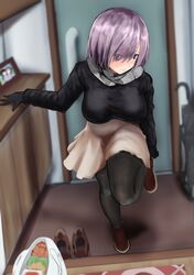  1girl arm_support bag bending_forward black_gloves black_legwear black_sweater blurry blush breasts brown_footwear carrot closed_umbrella commentary_request contemporary depth_of_field door eyes_visible_through_hair fate/grand_order fate_(series) gloves grey_scarf grocery_bag head_tilt highres indoors large_breasts lavender_hair long_sleeves looking_at_viewer mash_kyrielight medium_hair pantyhose photo_(object) picture_frame pink_skirt plastic_bag removing_shoes scarf shopping_bag skirt smile solo sweater umbrella wataseric52koni 